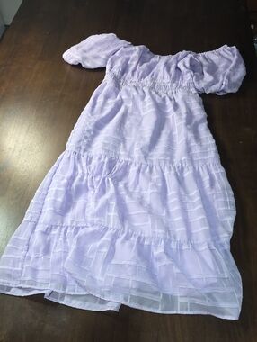 Lavender Off-Shoulder Midi Dress With Puff Sleeves